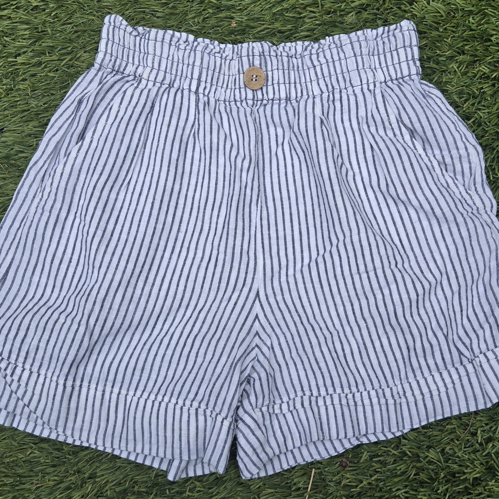 Zara High Waist Striped Shorts - White and Blue/black